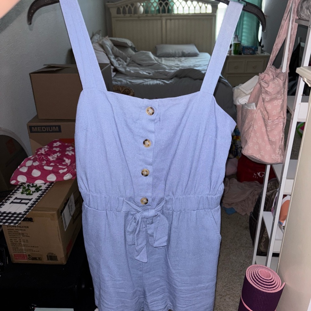 Timing Blue One Piece Jumpsuit with Wide Straps and Defined Waist